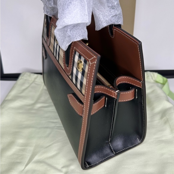 BURBERRY Logo Vintage Check Black Leather Small Title Crossbody Shoulder Handbag - Picture 8 of 16